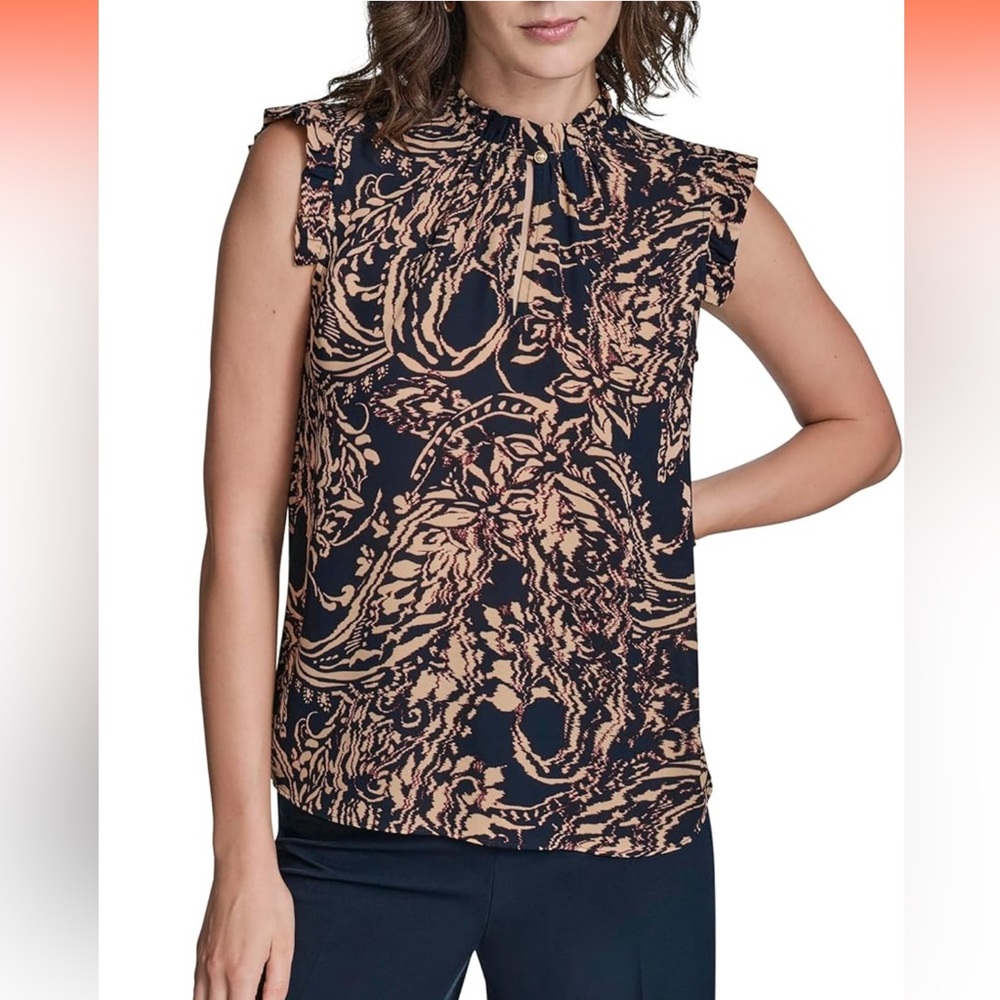 New BCBG Flutter Sleeve Keyhole High Neck Printed Blouse - S